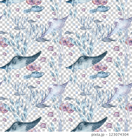 Sea animals stingray, fish swimming in seaweeds and corals blue soft colors for marine design background. Ocean creatures watercolor seamless pattern isolated. Sea world botanical texture and ray fish 123074304