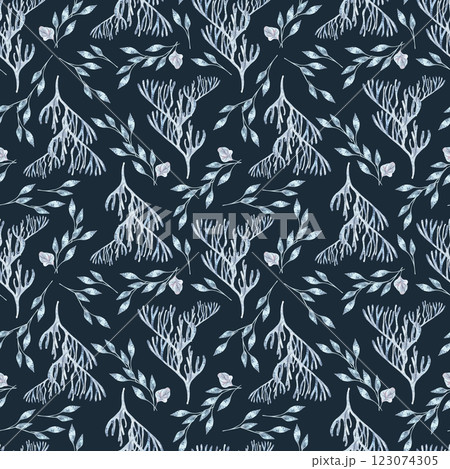 Mediterranean monochrome blue watercolor seamless pattern isolated. Seaweeds and corals pale blue pattern design. Reefs and laminaria hand drawn texture. Underwater floral plants repeated ornament. 123074305