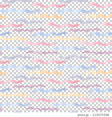 Watercolor wave lines mixed colors on seamless pattern isolated. Lines brush drawn of peach, pink, blue, and lavender for aquatic simple cartoon background. Wavy stripes sea texture for kids. 123074306