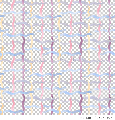 Colorful geometric plaid watercolor seamless pattern isolated. Square gingham wavy lines repeated background soft colors for cute kids design. Checkered marine print, curly grid texture mixed colors. 123074307