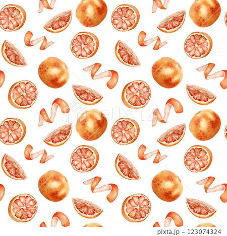 Summer fresh seamless background of red grapefruit slices, halves and whole fruit, peel spiral by watercolor isolated on white. Bright citruses on repeated pattern hand drawn for design textile. 123074324