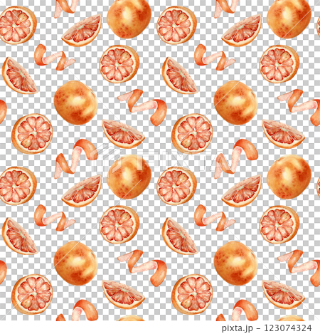 Summer fresh seamless background of red grapefruit slices, halves and whole fruit, peel spiral by watercolor isolated on white. Bright citruses on repeated pattern hand drawn for design textile. 123074324