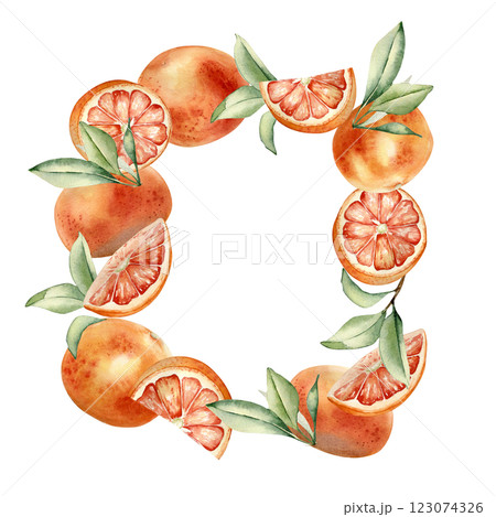 Watercolor frame of grapefruits and citrus segments, leaves isolated background. Square border with foliage and red orange fruits. Ripe fruits template with copy space for bright summer card, label. Watercolor frame of grapefruits and citrus segments, leaves isolated background. Square border with foliage and red orange fruits. Ripe fruits template with copy space for bright summer card, label. 123074326