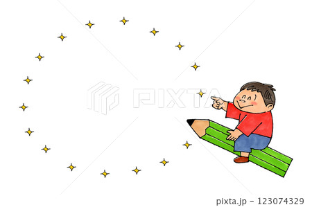 鉛筆に乗る男の子　コピースペース(キラキラ) 123074329