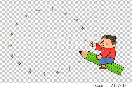 鉛筆に乗る男の子　コピースペース(キラキラ) 123074329