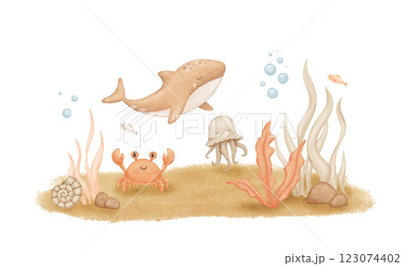 Cute underwater world scene, ocean floor marine life. Watercolor illustration 123074402