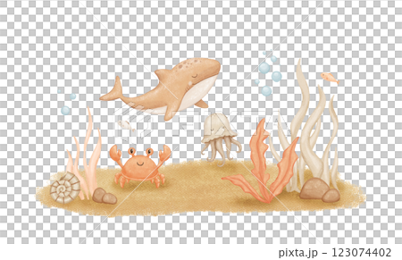 Cute underwater world scene, ocean floor marine life. Watercolor illustration 123074402