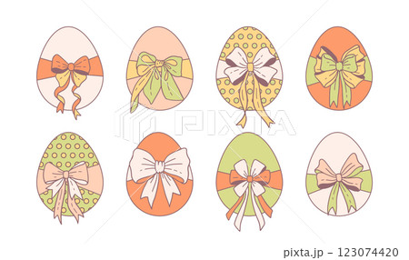 Easter eggs set. Coquette eggs set with beautiful ribbon bows. Cute religion holiday egg collection. Hand drawn flat design contour vector illustration. 123074420
