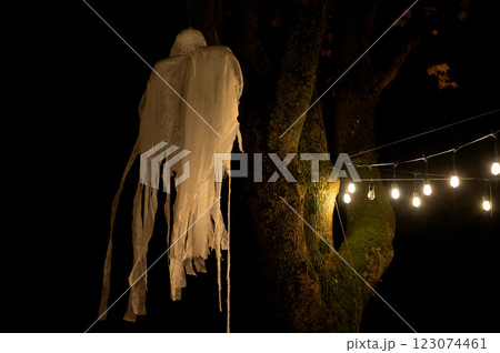 Halloween decoration white ghost hanging on a tree on a scary night background Halloween decoration white ghost hanging on a tree on a scary night background 123074461