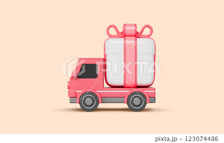 Red Truck Carrying a Gift Box. 3D Rendering  123074486