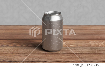 Aluminium Can Mock up on Wood Table. 3D Rendering Aluminium Can Mock up on Wood Table. 3D Rendering 123074516