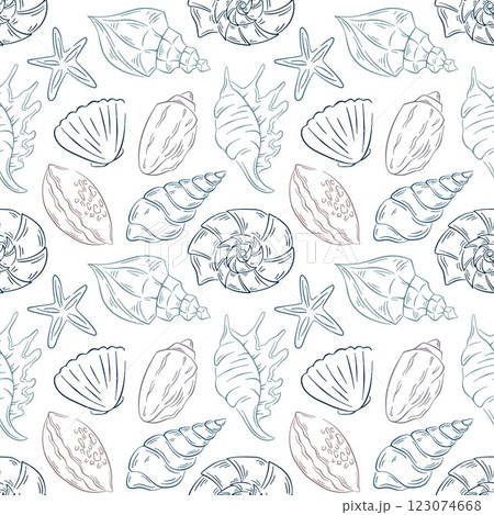 Underwater seamless pattern with seashell in line art style. Summer ocean, sea beach print for background, textile, fabric, card, seafood store, delivery on a white background. 123074668