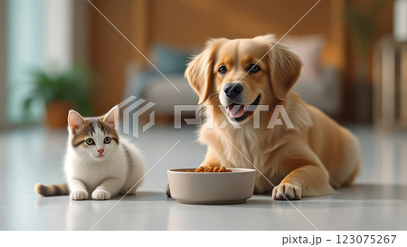 Cat and Dog Sitting Together as Furry Companions 123075267
