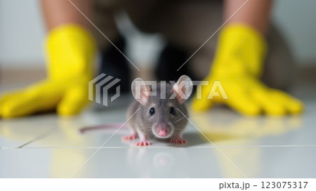 Pest Control at Home: Man in Gloves Hunting a Mouse Pest Control at Home: Man in Gloves Hunting a Mouse 123075317