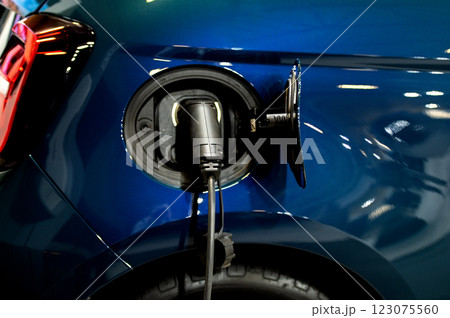 Closeup of power supply plugged into an modern electric car. Electric or EV car charging station. Closeup of power supply plugged into an modern electric car. Electric or EV car charging station. 123075560