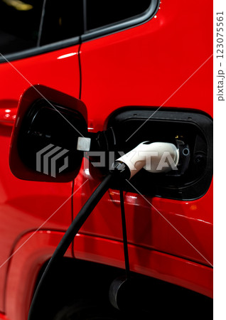 Closeup of power supply plugged into an modern electric car. Electric or EV car charging station. 123075561