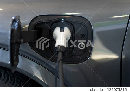 Closeup of power supply plugged into an modern electric car. Electric or EV car charging station. 123075816