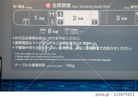新幹線の座席前の車両案内 123075851