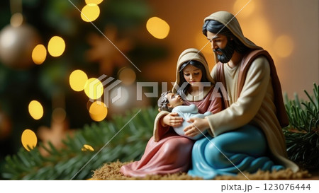 Holy Family Figurines with a Christmas Tree Backdrop 123076444