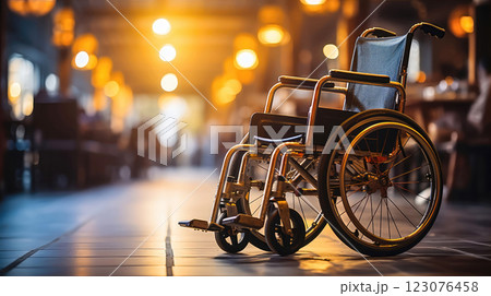 Empty Wheelchair in a Lit Room - Symbol of Mobility and Independence Empty Wheelchair in a Lit Room - Symbol of Mobility and Independence 123076458