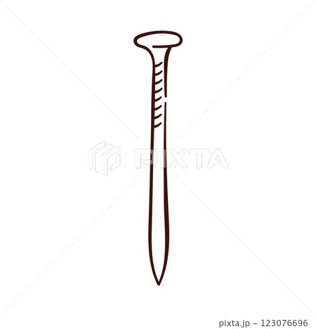 Simple line art of a metal nail with a flat head and ridged body. Minimalist black and white design perfect for construction, carpentry, hardware and repair industry. Isolated on a white background. 123076696