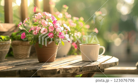 Blooming Flowers and Coffee Cup on a Sunlit Wooden Table 123076706