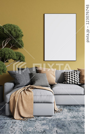 Empty frame for a picture or photo in the living room above the sofa. 3D rendering Empty frame for a picture or photo in the living room above the sofa. 3D rendering 123076748