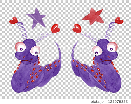 Funny snakes with carnival ears. Kind children's watercolor illustration for your design 123076828