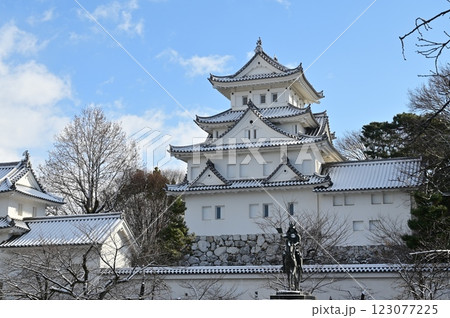 大垣城の天守閣と晴天の雪景色 123077225