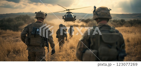 Soldiers in tactical gear approaching helicopter for extraction in dry field, preparing for deployment under dramatic sunset sky. Soldiers in tactical gear approaching helicopter for extraction in dry field, preparing for deployment under dramatic sunset sky. 123077269