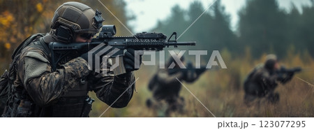 Soldier aiming assault rifle, wearing...のイラスト素材 [123077295] - PIXTA