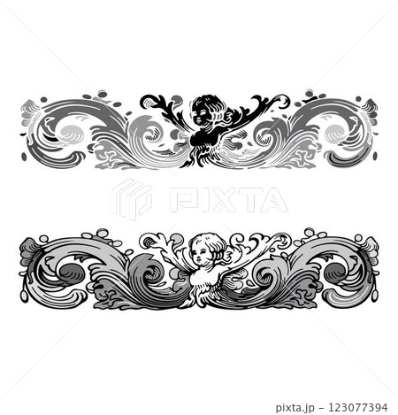 Vintage retro floral calligraphic art decorative elements sketch set with flowers and cherub isolated vector Vintage retro floral calligraphic art decorative elements sketch set with flowers and cherub isolated vector 123077394