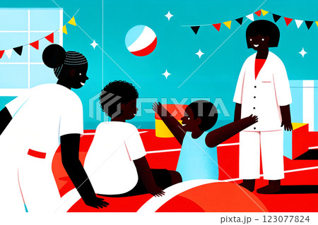 Children are joyfully playing in a colorful and vibrant indoor play area designed for fun 123077824