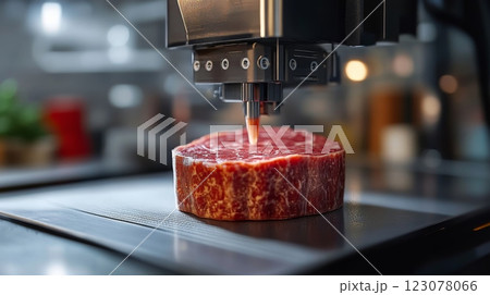 A 3D printer creates a beef steak. Raw meat on the printing surface, printer nozzle dispenses the meat. Food technology 123078066