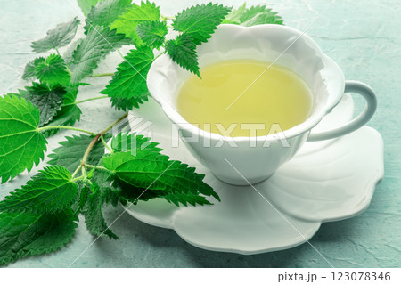 Nettle tea. Medicinal herbal tea with Urtica leaves. Fresh wild herb Nettle tea. Medicinal herbal tea with Urtica leaves. Fresh wild herb 123078346