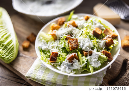 Healthy Caesar salad made with Romaine lettuce, croutons, tzatziki dressing and parmesan cheese. Healthy Caesar salad made with Romaine lettuce, croutons, tzatziki dressing and parmesan cheese. 123078416