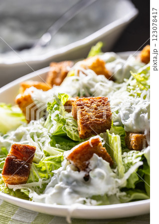 Healthy Caesar salad made with Romaine lettuce, croutons, tzatziki dressing and parmesan cheese. Healthy Caesar salad made with Romaine lettuce, croutons, tzatziki dressing and parmesan cheese. 123078417