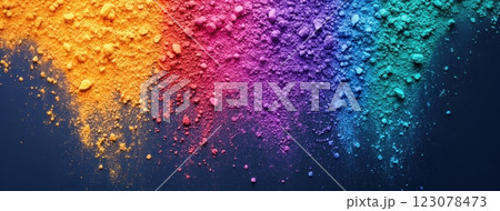 Gradient of scattered Holi powder in warm and cool tones transitioning from orange to blue on dark surface. 123078473