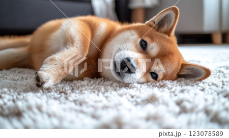 リビングで寝転ぶ可愛い柴犬 リビングで寝転ぶ可愛い柴犬 123078589