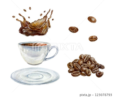 Cup of coffee, beans, splash of drink, watercolor. Hand drawn vector illustration. For postcards, invitations, posters for cozy cafes, large banners for bakeries, labels. Cup of coffee, beans, splash of drink, watercolor. Hand drawn vector illustration. For postcards, invitations, posters for cozy cafes, large banners for bakeries, labels. 123078793