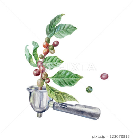 Coffee branch with leaves and berries, metal horn, watercolor. Hand drawn vector illustration. For postcards, invitations, large banners of cozy cafes, posters, labels. 123078815