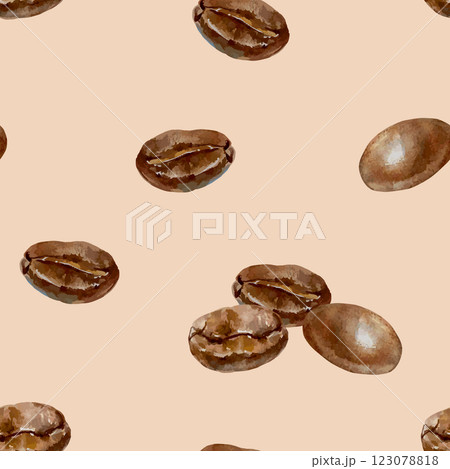 Coffee beans brown roasted, seamless pattern, watercolor. Hand drawn vector illustration. For cards, wrapping paper, covers, fabric, wallpaper, textile. 123078818