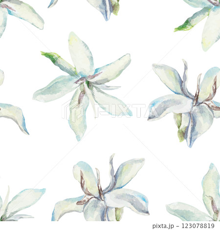 White flowers coffee tree, seamless pattern, watercolor. Hand drawn vector illustration. For cards, wrapping paper, covers, fabric, wallpaper, textile. White flowers coffee tree, seamless pattern, watercolor. Hand drawn vector illustration. For cards, wrapping paper, covers, fabric, wallpaper, textile. 123078819