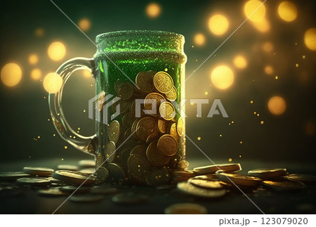 St.Patrick 's day  background with green beer and golden coins. 123079020