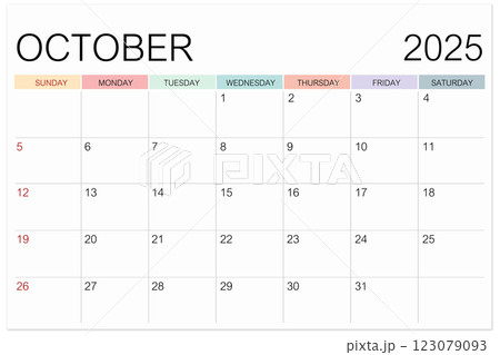 Calendar October 2025 page isolated on white background, Save clipping path. 123079093
