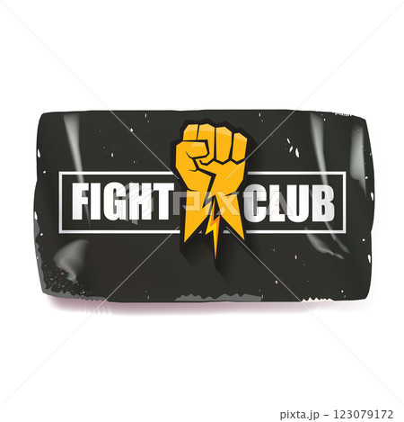 fight club vector grey sticker with logo and orange man fist isolated on white background. MMA Mixed martial arts concept banner and poster design template. Fight club grunge label, icon design 123079172
