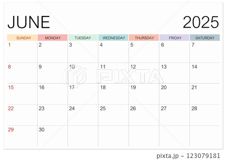 Calendar June 2025 page isolated on white background, Save clipping path. Calendar June 2025 page isolated on white background, Save clipping path. 123079181