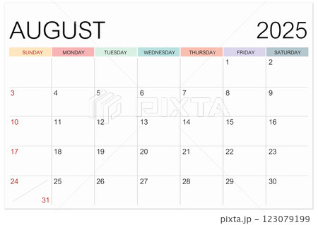 Calendar August 2025 page isolated on white background, Save clipping path. 123079199