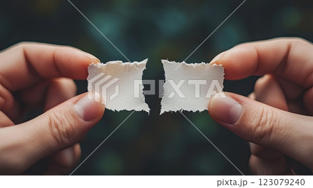 hands holding two torn pieces of white paper, symbolizing separation, loss, or broken connections. 123079240