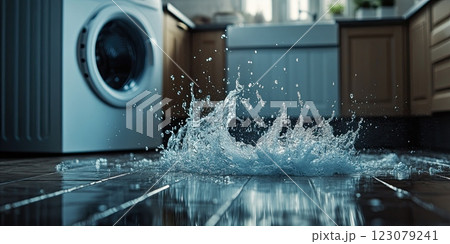 Splashing water creates dynamic movement on a kitchen floor by the washing machine Splashing water creates dynamic movement on a kitchen floor by the washing machine 123079241